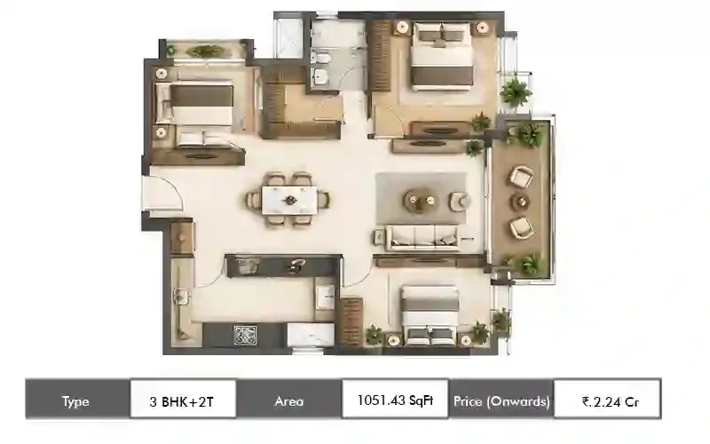 Emaar Elara 3 BHK + 2T floor plan, 1051 sq ft saleable area